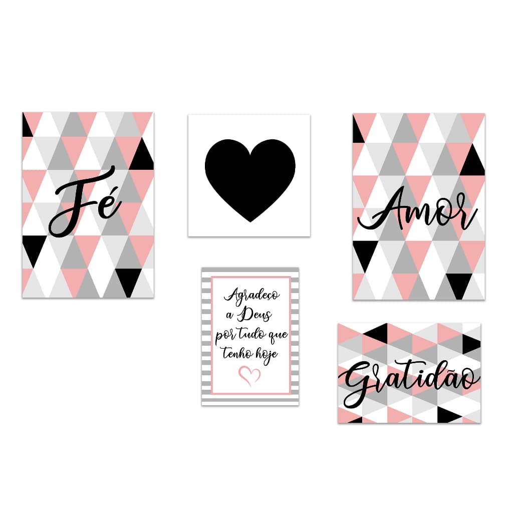Kit 5 Placas Quadros Decorativos  abstrato Geometrico Fe amor Gratidão quadro decorativo sala decoração de quarto