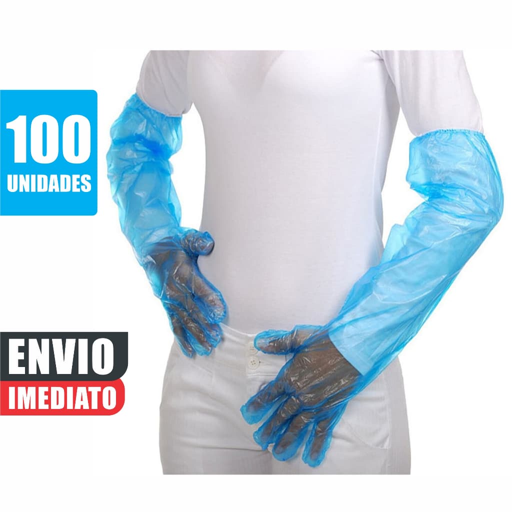 Luva Plástica Azul Longa com Elástico Tipo Flex Inseminação Palpação Toque 100 Unidades