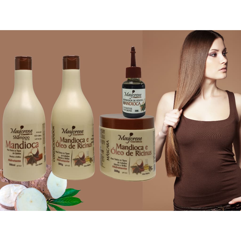 Kit Mandioca e Óleo de Ricinus Maycrene 3x500ml, mais Reparador 30ml  - Hidratação, Maciez, Brilho