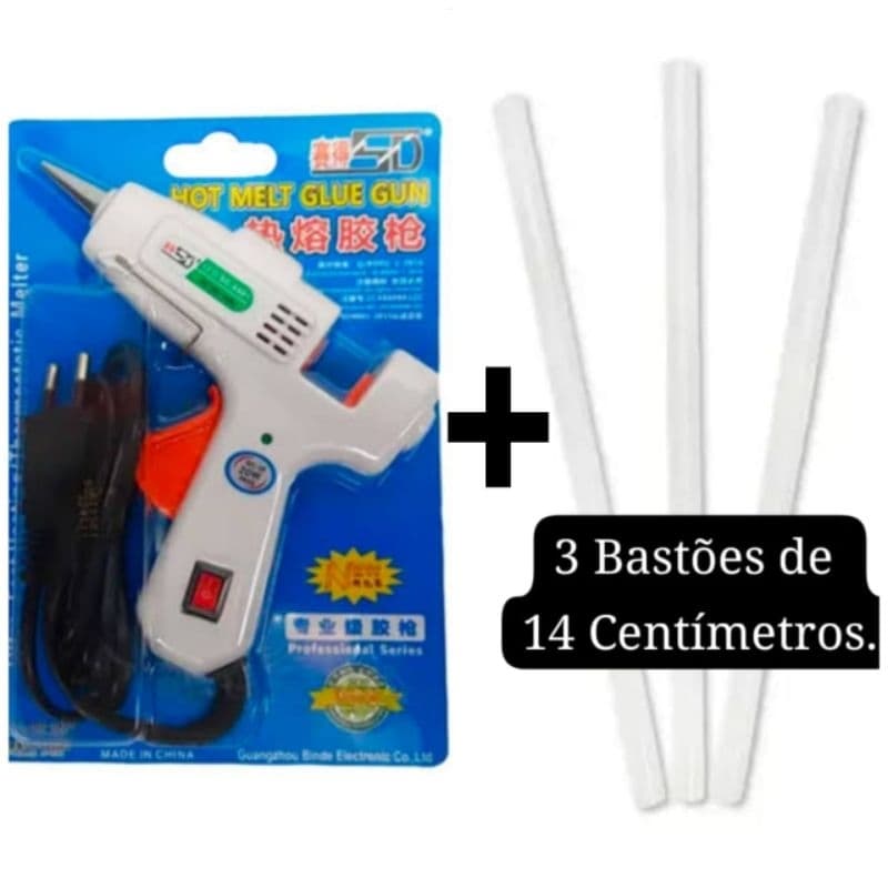 Kit Aplicador de Cola Quente bico fino 0.7mm Bivolt, com Botão Liga e Desliga + 3 Bastões de cola quente.