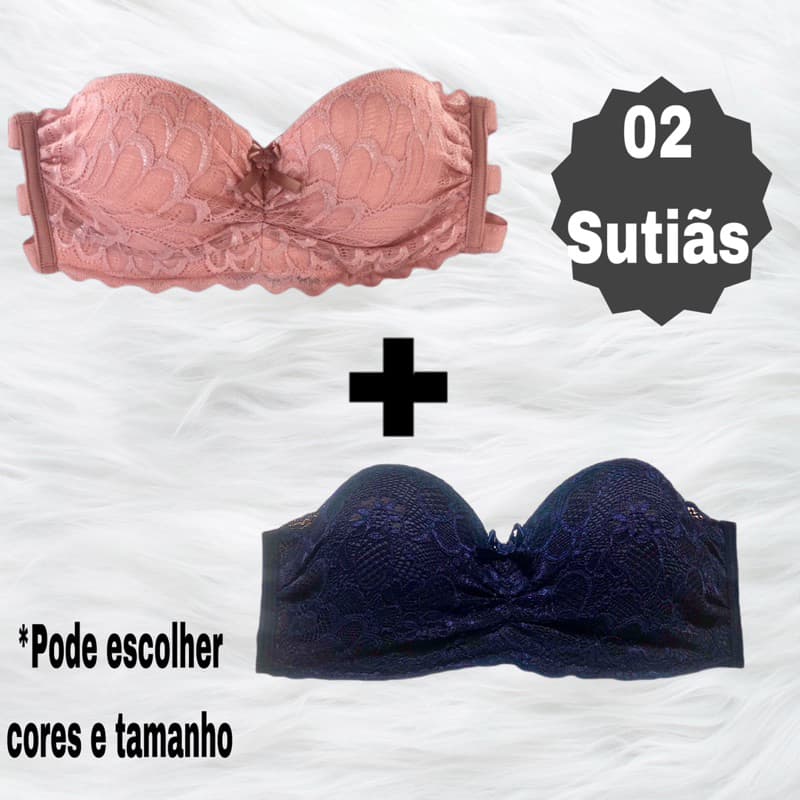 02 Sutiã Tomara que caia - Kit com dois sutiãs sem alça renda - alta sustentação elástico 0201
