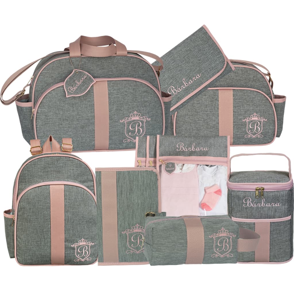 Kit maternidade bordado e personalizado com o nome do bebê. Bolsa, mochila, frasqueira, porta-mamadeira, 3 saquinhos de maternidade, trocador, porta documento, nécessaire