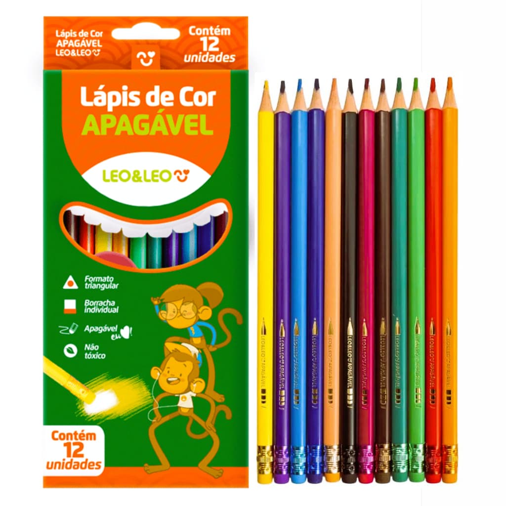 Lápis de Cor Apagável Escolar Triangular 12 Cores Leo&Leo
