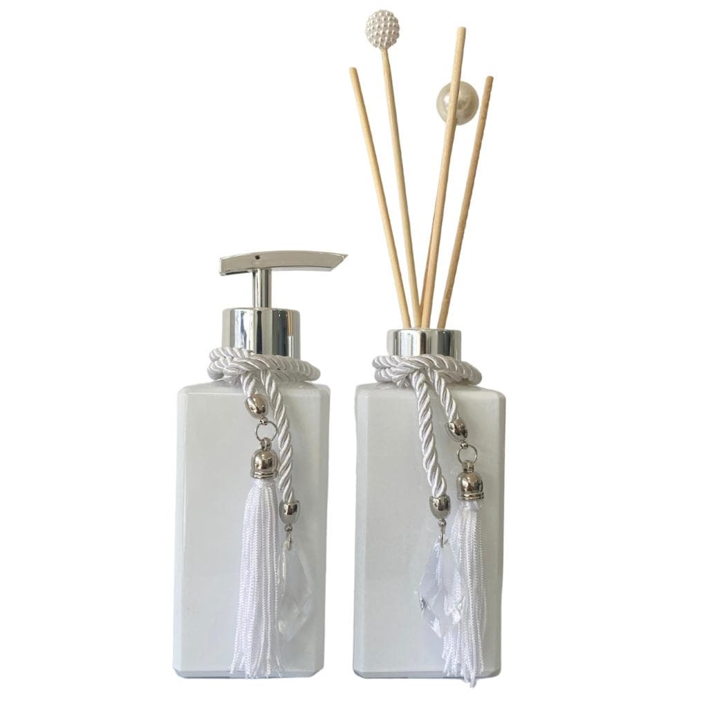 Kit Lavabo Ágata Branca Aromatizador de Ambiente e Porta Saboneteira Para Sabonete Líquido ou Álcool Gel