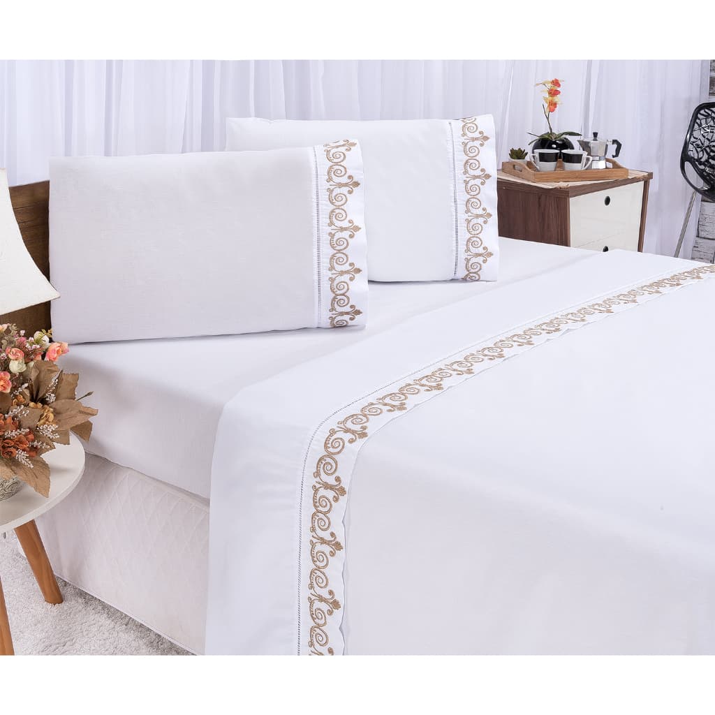 Jogo De Lençol Casal Cama Queen 4 Peças Bordado 400 Fios Algodão