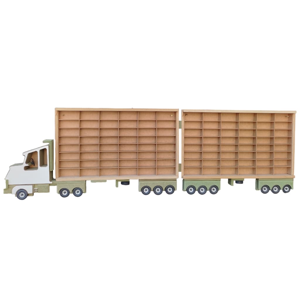 Expositor de MDF ultra e MDF cru em forma de carreta bitrem modelo cabine G na escala 1:64 para 96 nichos;
