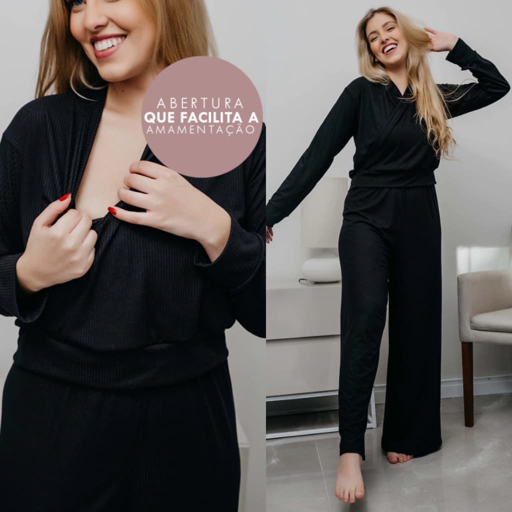 Pijama Manga Longa Amamentação Canelado Inverno Quentinho Confortavel De Frio Conjunto Adulto