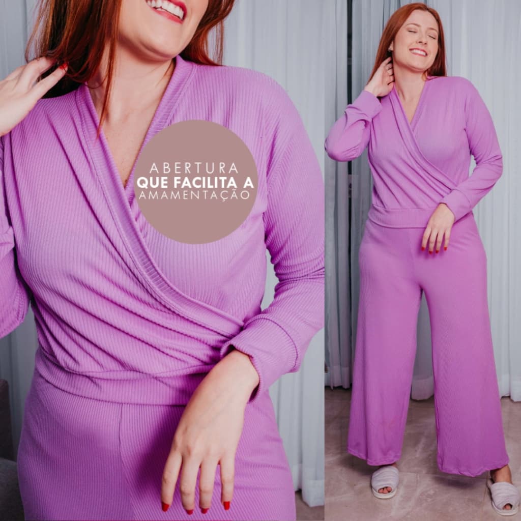 Pijama Manga Longa Amamentação Canelado Inverno Quentinho Confortavel De Frio Conjunto Adulto Parto