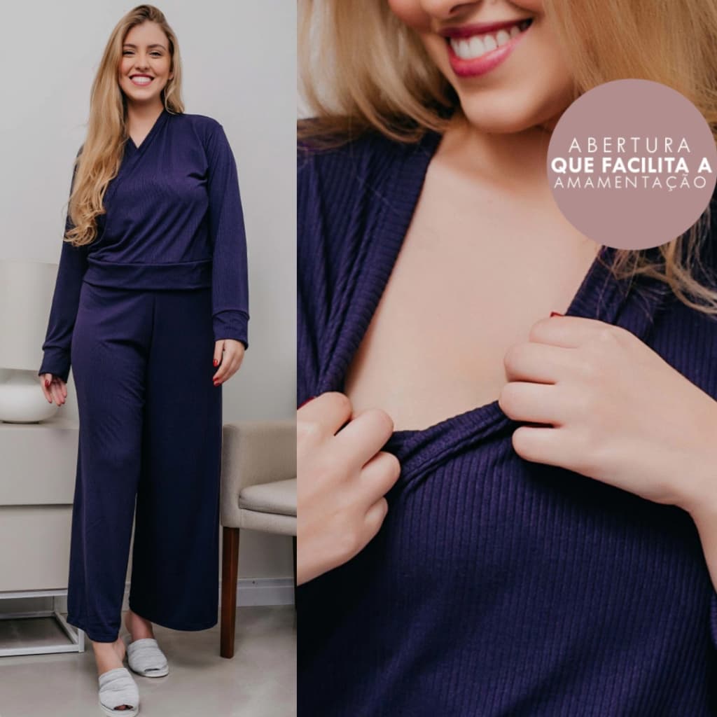 Pijama Manga Longa Amamentação Canelado Adulto Inverno Quentinho Confortavel De Frio Conjunto Parto