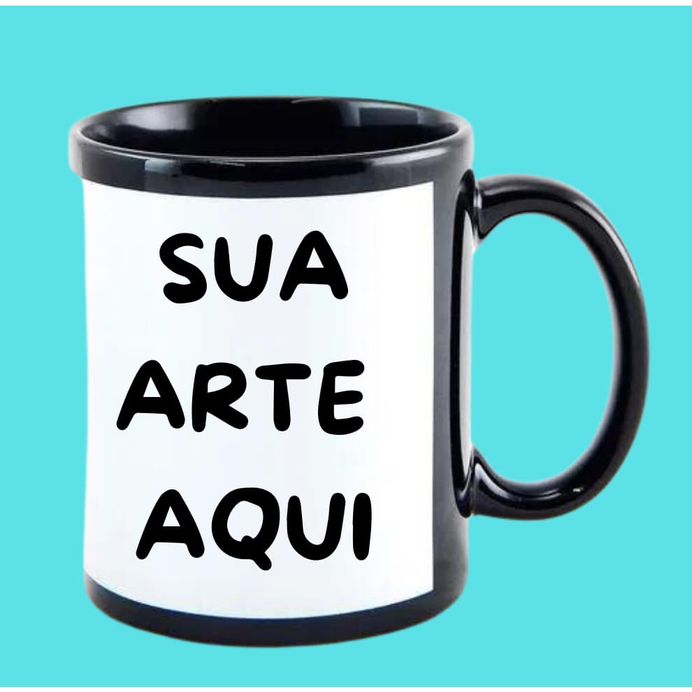 Caneca Personalizada de Porcelana, Faça como quiser, Caneca Preta Personalizada com tarja branca