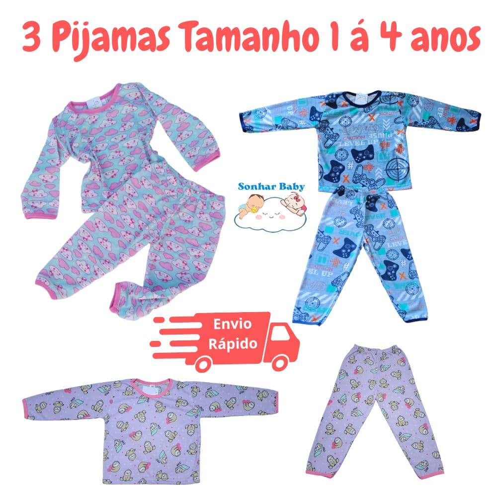 3 Pijama Infantil Menina ou Menino Manga Longa Malha PV - Não desbota 1 ao 10 Anos