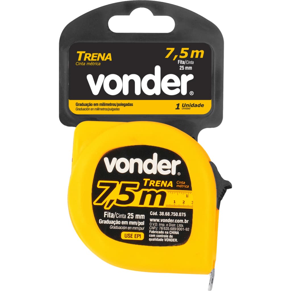 Trena de aço 7,5 metros com fita de 25mm, C/ trava e clip para cinto VONDER
