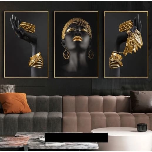 Quadro Decorativo Mulher Africana Com Joias 3 Peças