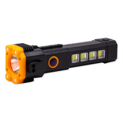 Lanterna Tático Indestrutível Led 3W Torch mt052 / 4 Em 1 / Martelo / Magnético/ Carregador Portátil / Com Ferramenta de Escape / Rompe Vidros / Recarregável - Preto/Laranja