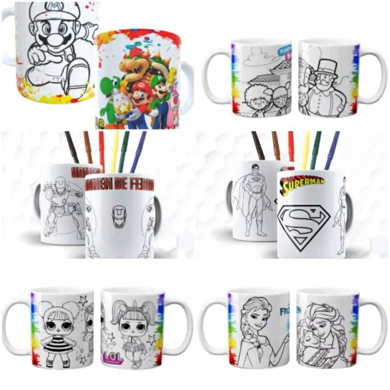 Kit Com 10 Caneca P Colorir Com Canetinhas Laváveis Em Polímero Para Festas Qualquer Tema