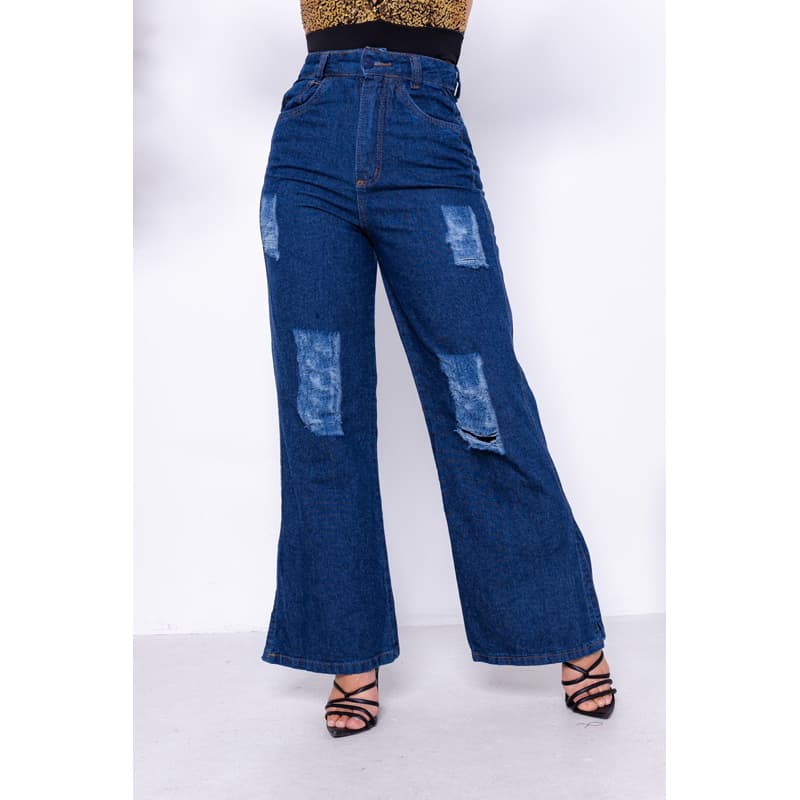 Calça Feminina Wide Leg Pantalona Jeans Destroyed Cintura Alta Bolsos Laterais Estilo Casual Fashion