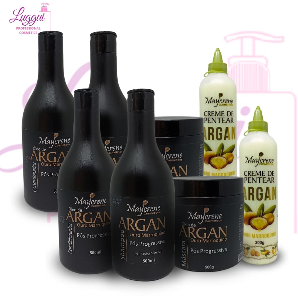 2 Kits Pós Progressiva Argan Branco Maycrene (2 Shamp + 2 Cond + 2 Másc + 2 Creme para Pentear)