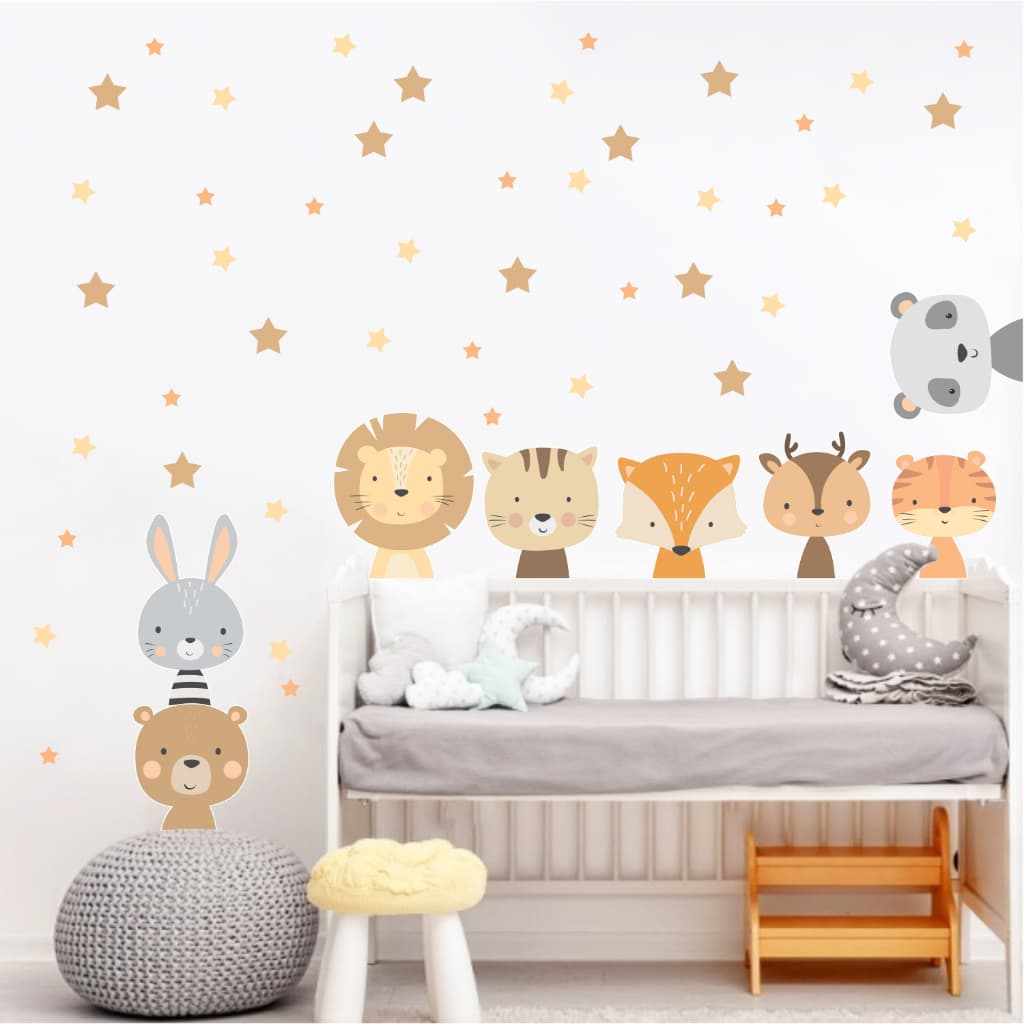 Adesivo de parede Infantil Bichinhos Baby Safari com estrelas decoração quartinho bebê