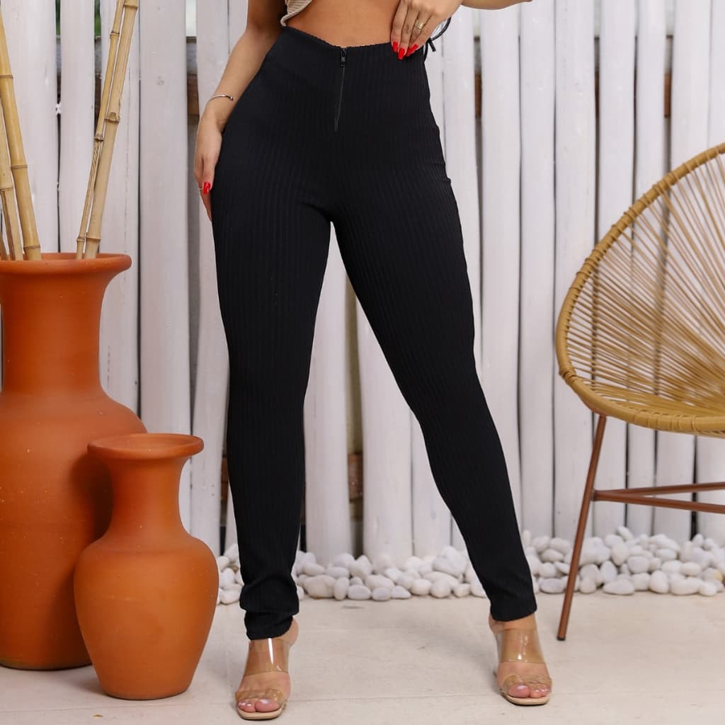 Calça Canelada 3 D Relevo Montaria Feminina Cintura Alta com Ziper