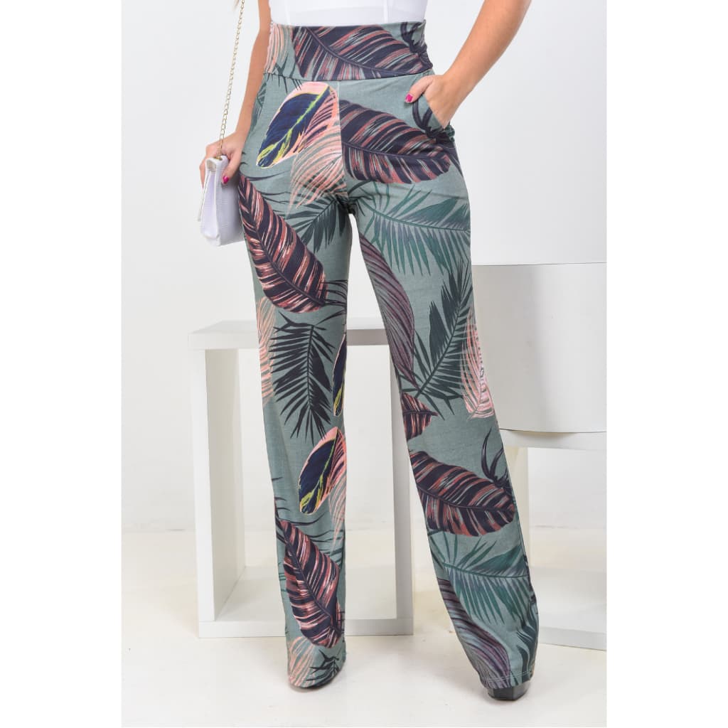 Calça Pantalona Feminina com Bolso Cintura Alta Social Sem Cinto Estampada Lisa Roupas Femininas