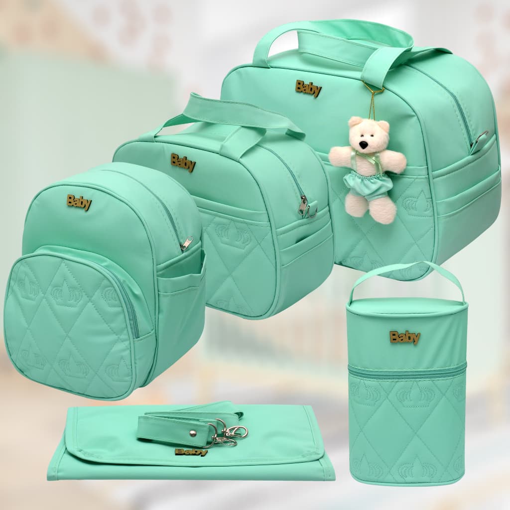 Kit Bolsa Mochila Maternidade Menino Menina 5 Peças Luxo Verde e outras cores