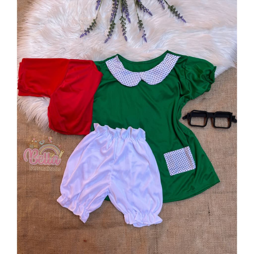 Roupa da Chiquinha com oculos Turma do Chaves Fantasia Chiquinha infantil
