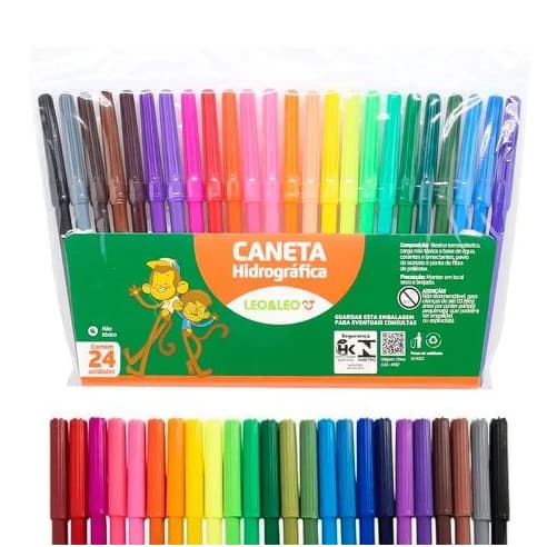 Caneta Hidrocor  24 Cores Canetinha Hidrografica, Hidrocolor, Escolar Arte Pintura Material Escolar - Leo & Leo