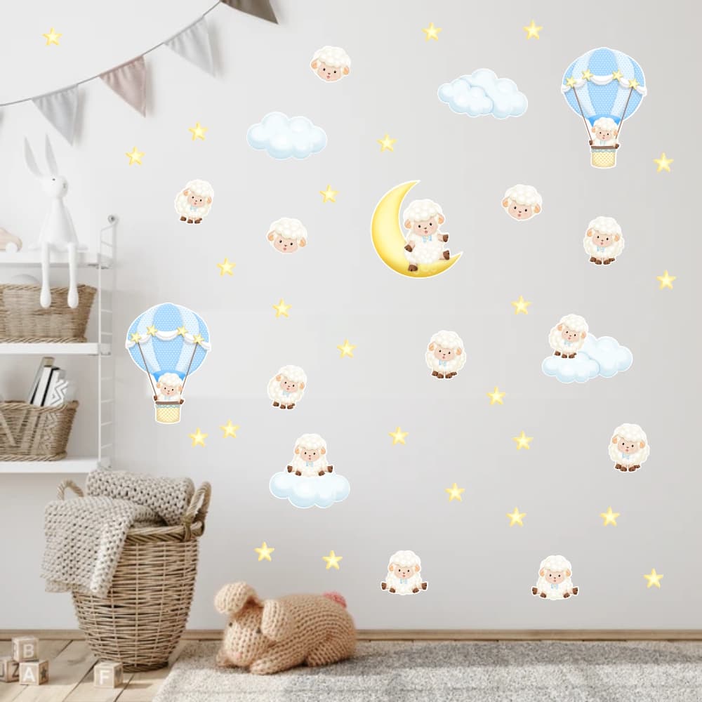 Adesivos Parede Infantil Ovelhas Ovelhinhas Azul com Estrelas e Nuvens quarto bebê