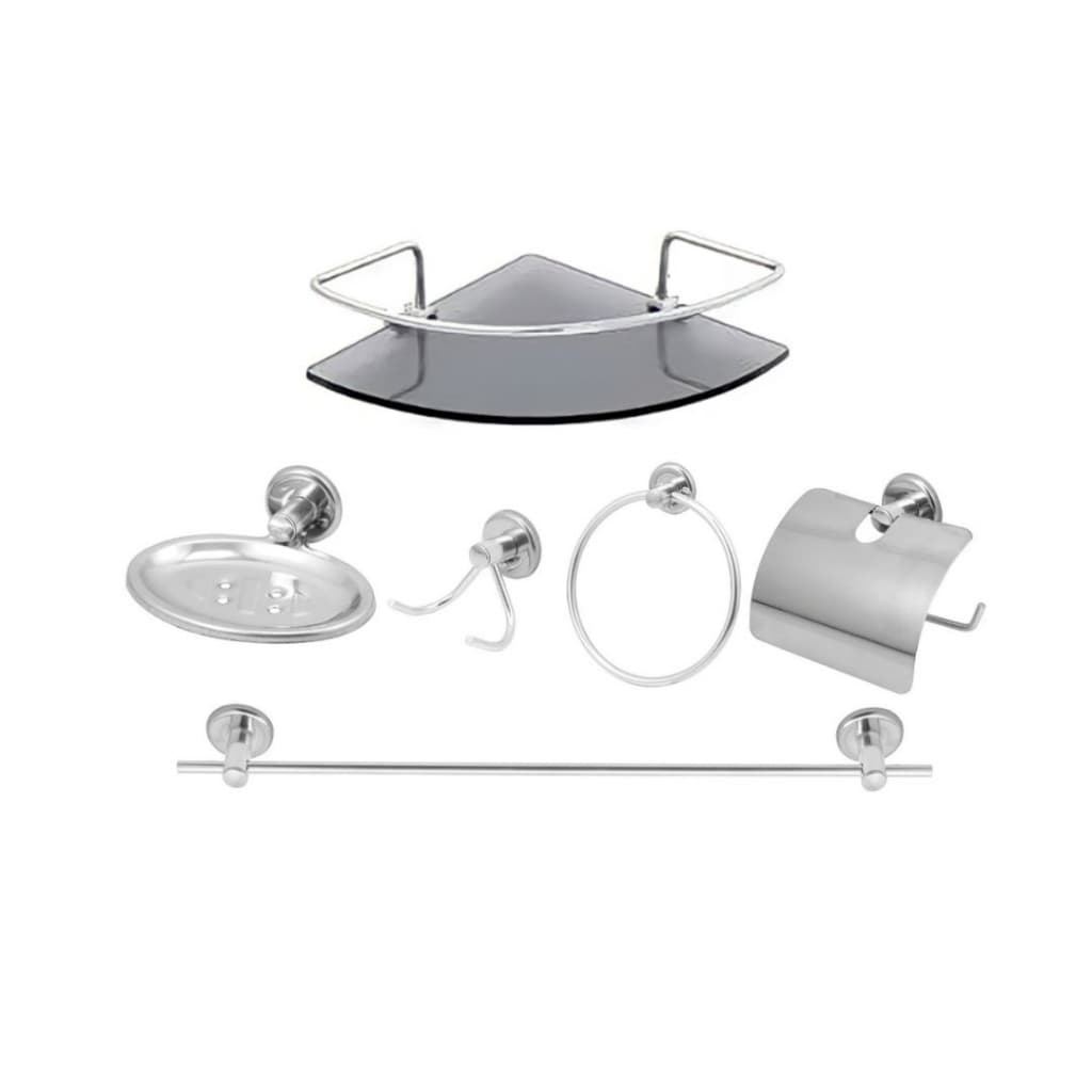 Kit Acessório Para Banheiro Aço Inox 6 Peças Com Porta Shampoo Canto Fumê