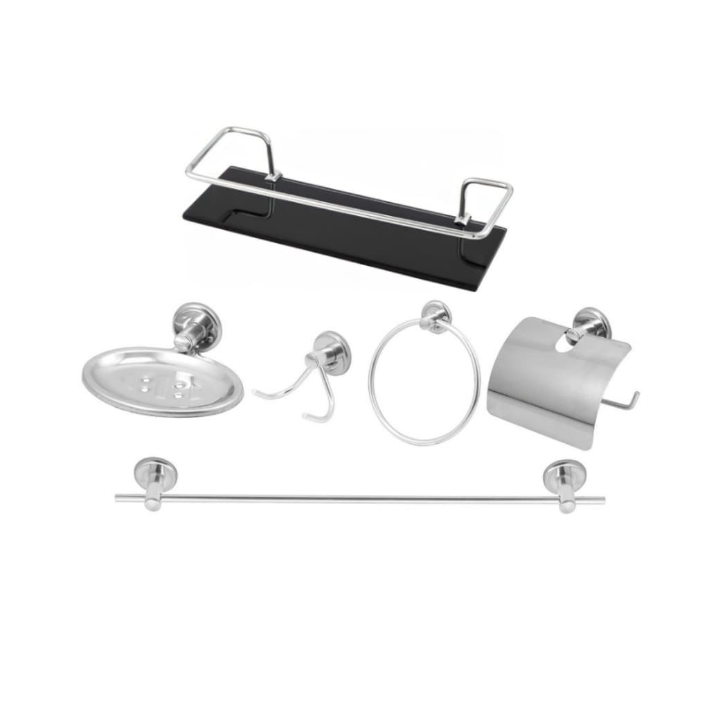 Kit Acessórios Banheiro inox 5 peças + 1 Porta Shampoo Reto Fumê