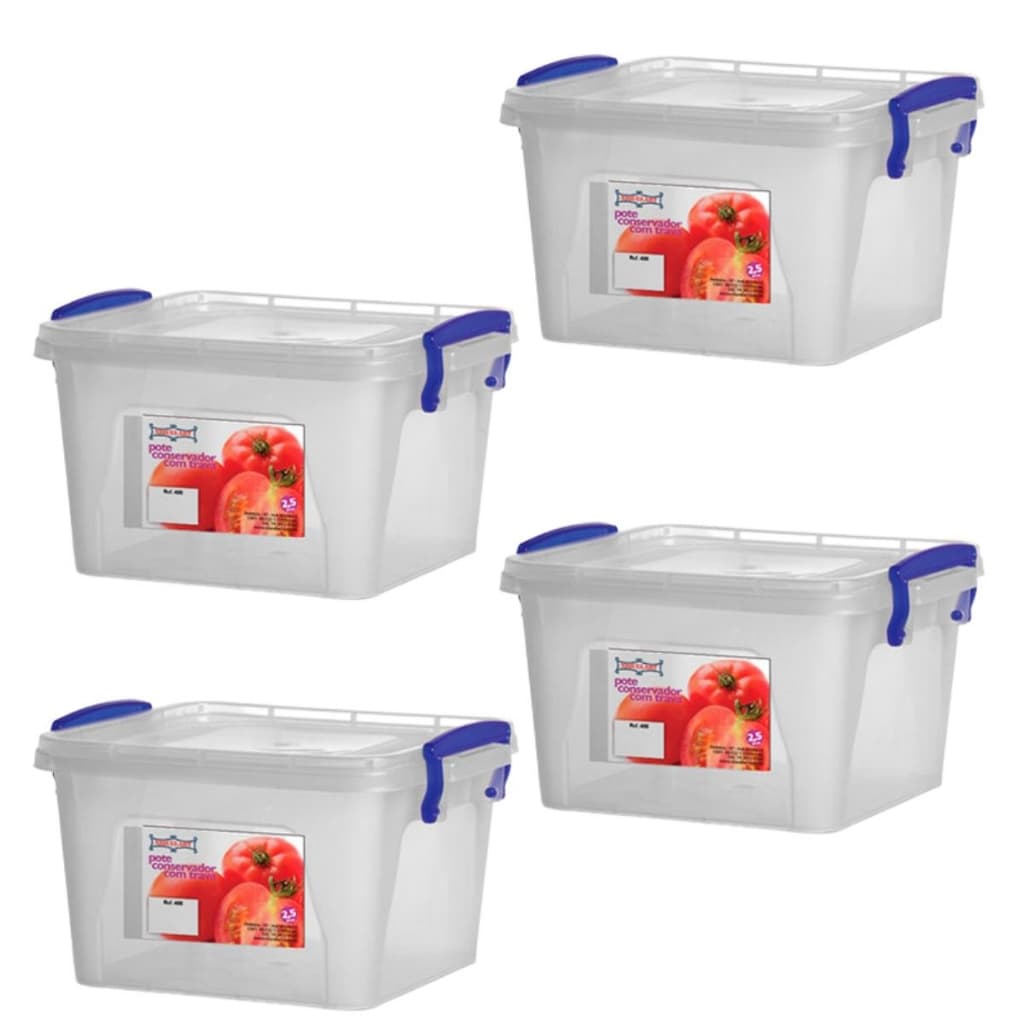 4 Pote Mantimento Caixa Box Top 2,5 Litros Transparente Com Trava N486