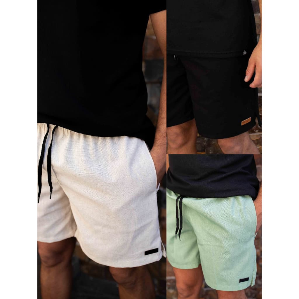 Kit 3 Shorts Linho Confort Com Bolso Faca Discreto e Elástico Na Cintura Bermuda Masculina