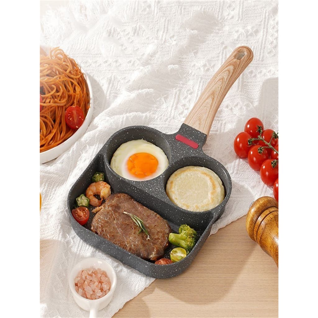 Frigideira de ovo frito, frigideira de ovo com tampa antiaderente 3 seções grelha dividida panela de panqueca liga de alumínio fogão para café da