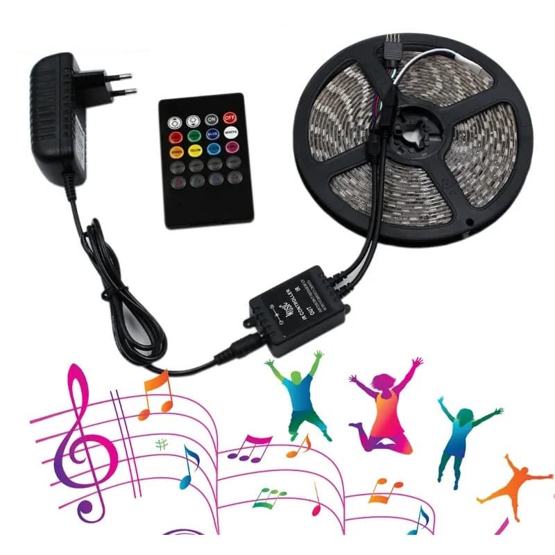 Fita LED Colorida 5050 IP65 RGB 60 LED/m + Controladora Musical Controle + Fonte