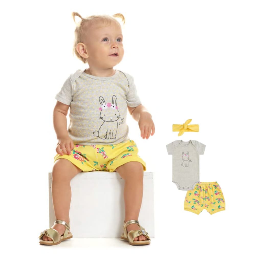 Kit Body Bebê Menina Conjunto 3 Peças 1 Body Manga Curta + 1 Short + 1 Laço de Cabelo - 100% Algodão - Tamanho P ao GG