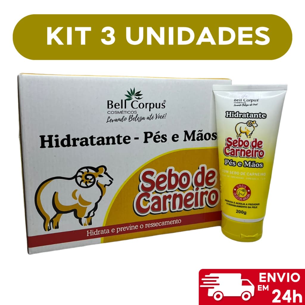 Kit com 3 Hidratante Pés e Mãos Sebo De Carneiro Bisnaga 200g - Bell Corpus