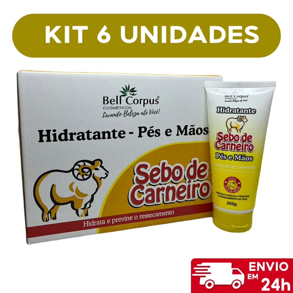 Kit com 6 Hidratante Pés e Mãos Sebo De Carneiro Bisnaga 200g - Bell Corpus
