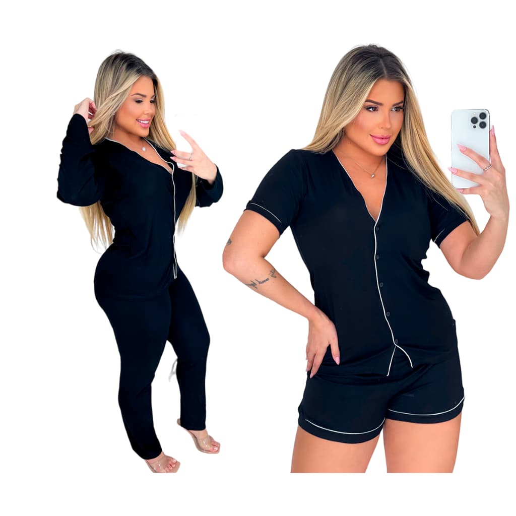 Kit 2 Pijamas Americano Feminino Adulto longo + curto botão