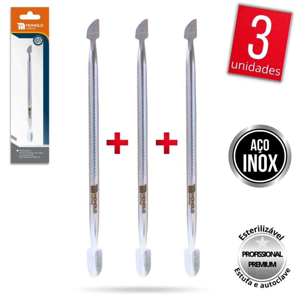 Kit 3 Espátula Dupla Cutícula Manicure Raspador cutelaria Esterilizável Inox Profissional Premium