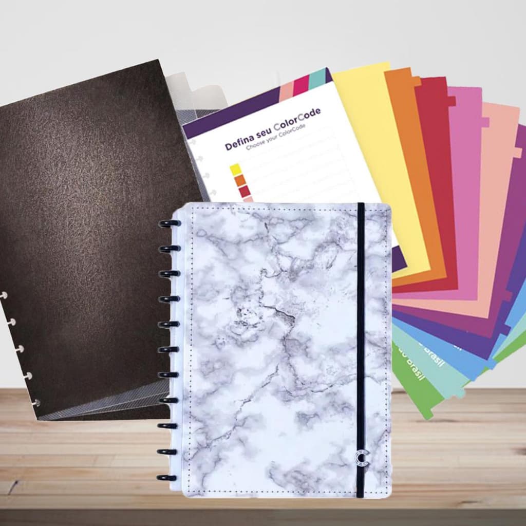 Caderno Inteligente Amarelo Pastel Grande + Divisórias P/ Caderno InteligenAte  +  Refil Pautado Grande 50 Folhas