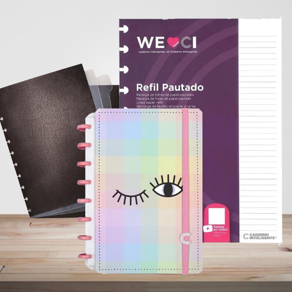 Caderno Inteligente Eyeconic + Divisórias P/ Caderno Inteligente  +  Refil Pautado Grande 50 Folhas