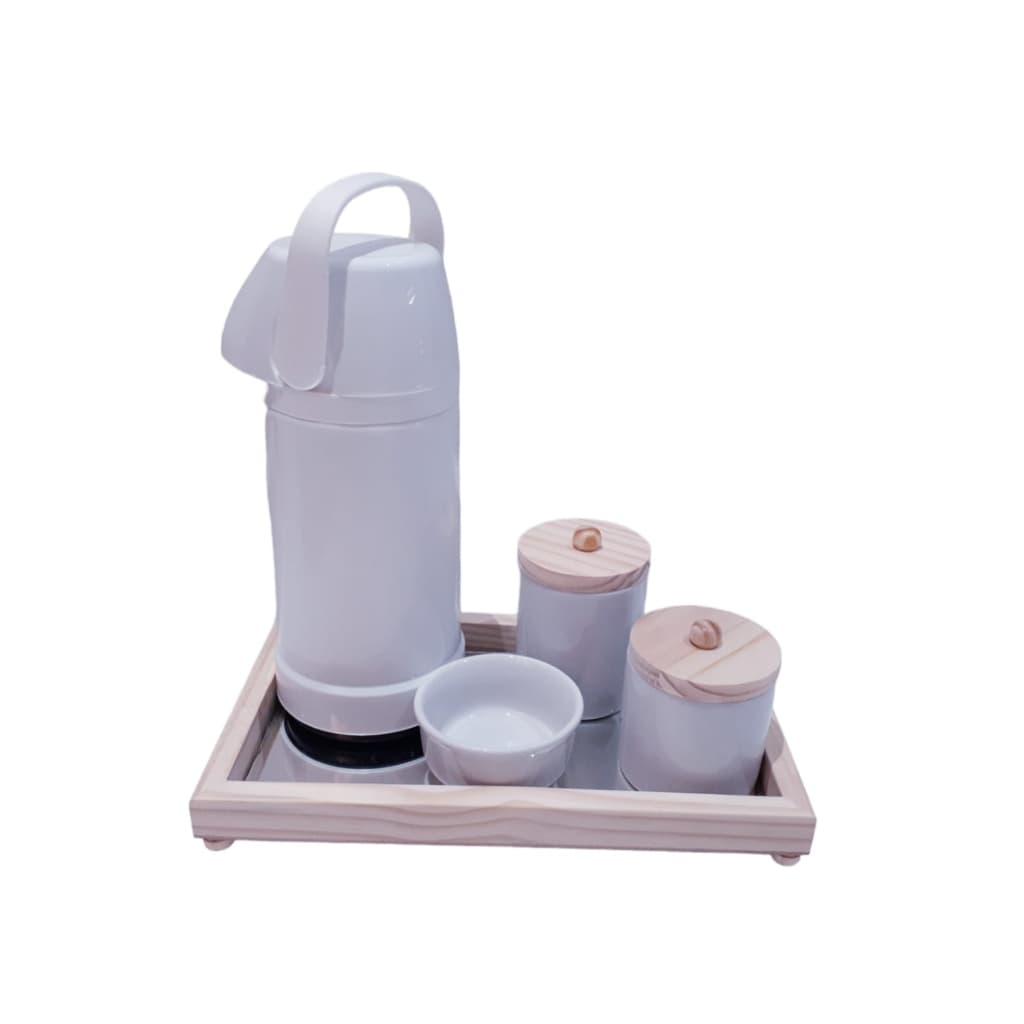 Kit Higiene bebê porcelana branca garrafa térmica 1 litro pump bandeja espelhada molhadeira menina menino chá revelação