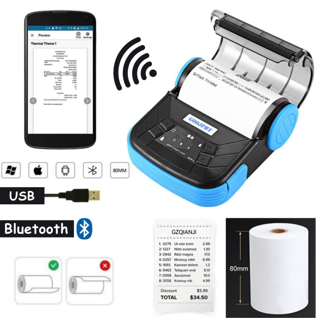 Mini Impressora Portátil Bluetooth Térmica 80mm Windows Android iOS