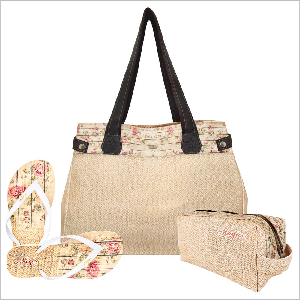 Kit Feminino Bolsa Grande Impermeável Necessaire e Chinelo Slim Floral Magicc Bolsas KIT-162