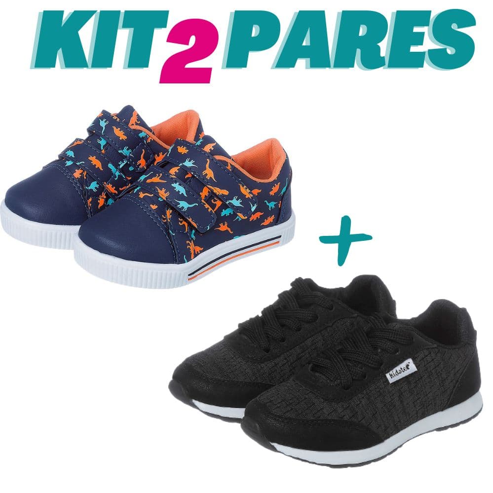 Kit 2 Pares de Tênis Infantil Escolar Dinossauro e Jogging Preto Kidstep