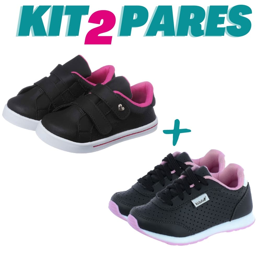 Kit 2 Pares de Tênis Infantil Feminino Menina Casual Preto e Jogging Kidstep