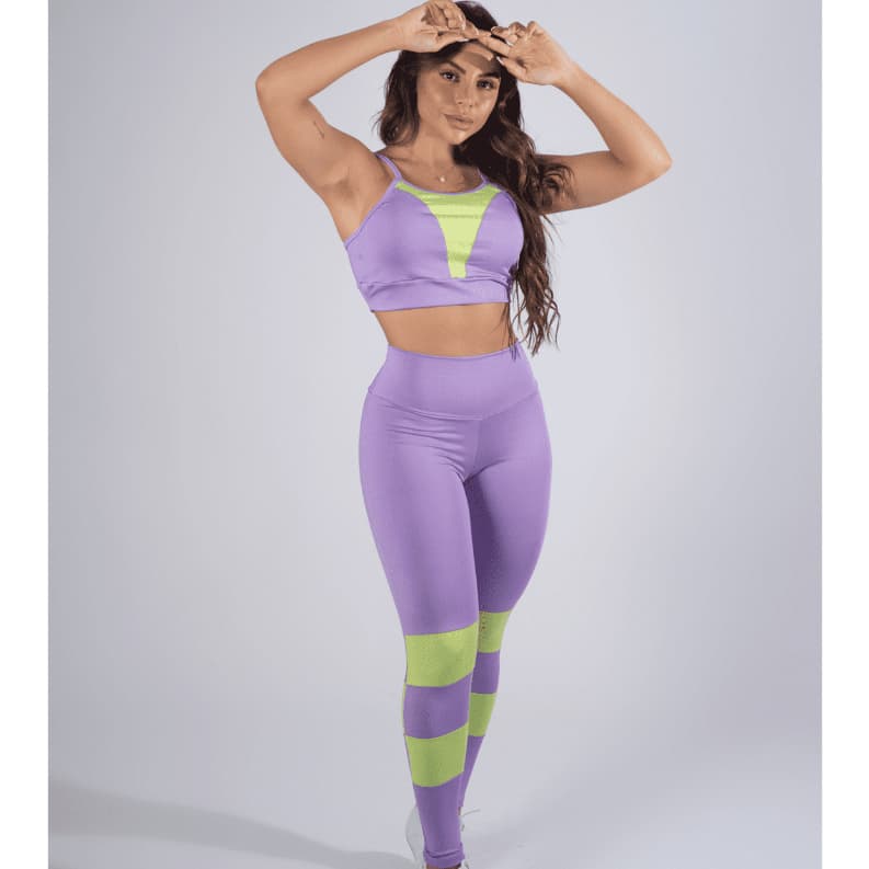 Conjunto Feminino Top Bojo Alcinha Moda Fitness Academia Calça Legging Cintura Alta Lavanda Lima