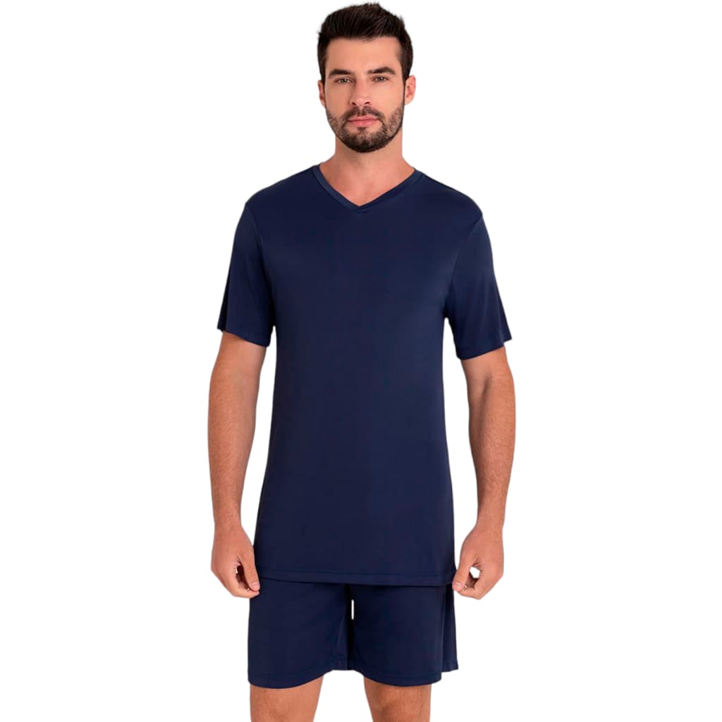 Pijama Masculino adulto manga curta e shorts Azul marinho