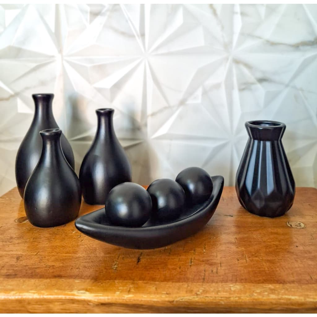 Jogo Decorativo Vasos Em Ceramica Sala Rack Luxo Centro De Mesa Para Aparador Estante 5 Peças Preto Fosco