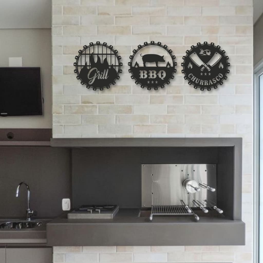 Kit Quadros Decorativos Area Gourmet Cantinho do Churrasco 3 Peças Quadros Decorativos Placa Personalizada Escultura de Parede Decoração para Parede Decoração Área de Churrasco Placa Decorativa Churrasqueira Quadros MDF Vazado com 3 Alto Relevo 3D 3mm